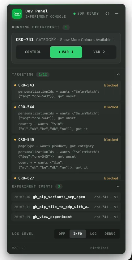 The dev panel running on a live production site: an SDK-ready lamp, a segmented control for the one running experiment, and a targeting drawer listing each blocked experiment with its exact wants/got mismatch.